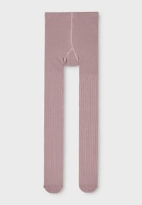 Rosa strømpebukser med ribbet tekstur, med en ensfarget kropp og vertikale striper på bena. Sømløst design med forsterket tåområde.