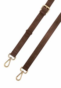 Brązowy pasek z zamszu z elementami w kolorze złotym, z regulowaną długością i zatrzaskami na obu końcach do mocowania. Gładka tekstura i prosty design.