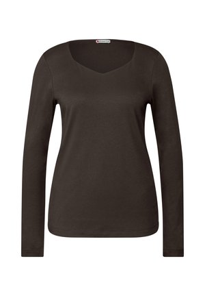 Haut à manches longues, col en V, de couleur marron foncé, fabriqué en tissu doux. Présente un design ajusté avec une texture lisse et des ourlets nets.