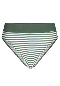 Vihreä-valkoinen raidallinen bikinitoppi, jossa on kiinteä vihreä vyötärö, omistettu sileälle pinnalle ja kolmiomaiselle leikkausmuotoilulle.