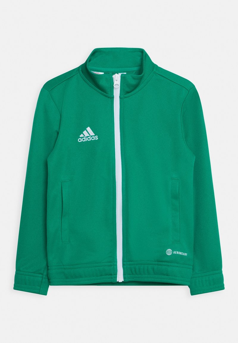 Veste de sport verte avec un col haut, une fermeture éclair blanche et deux poches latérales. Présente un logo Adidas blanc et une branding AeroReady à l'ourlet.