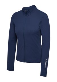 Marineblauwe jas met lange mouwen en rits, hoge kraag en "hummel performance" logo op de linkermouw.