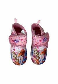 Stivaletti rosa senza lacci con accenti di glitter, caratterizzati da disegni di fate e motivi a cuore. Materiale morbido con un interno imbottito per il massimo comfort.