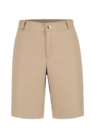 Beige knælange shorts med bæltestropper, knaplukning og uden synlige lommer.