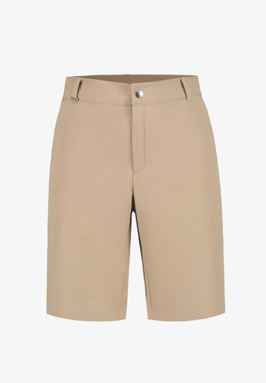 Beige knielange korte broek met riemlussen, knoopsluiting en zonder zichtbare zakken.