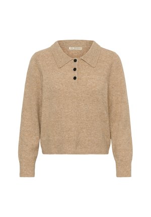 Bežinis vilnos mišinys megztinis su apykakle, turintis tris juodas sagas priekyje ir ilgomis rankovėmis su įsiūtomis juostelėmis.