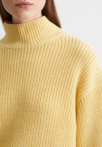 Gelber Strickpullover mit hohem Rippenkragen, der ein strukturiertes Muster und eine lockere Passform aufweist. Weicher Stoff mit sichtbaren Nähdetails.