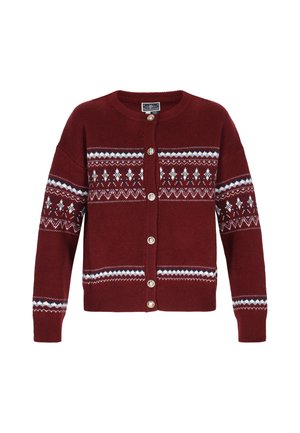 Červený pletený kardigan s motivem Fair Isle v námořnické modři, bílé a krémové barvě. Zlaté knoflíky vpředu a žebrované manžety a lem.