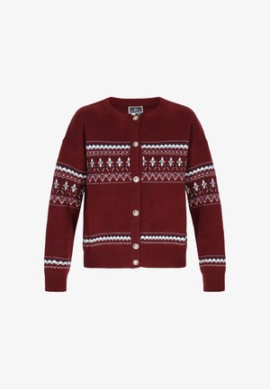 Červený pletený kardigan s motivem Fair Isle v námořnické modři, bílé a krémové barvě. Zlaté knoflíky vpředu a žebrované manžety a lem.