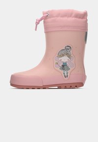 Stivale da pioggia per bambini rosa con illustrazione di una fata, bacchetta stellata e chiusura con cordino nella parte superiore per una vestibilità regolabile.