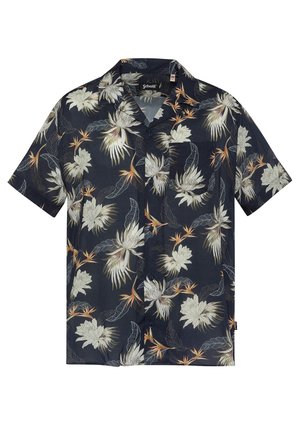 Kurzarmhemd in Dunkelblau mit einem Blumenmuster, das weiße und orangefarbene Blumen sowie grüne Blätter zeigt. Hergestellt aus leichtem Stoff.