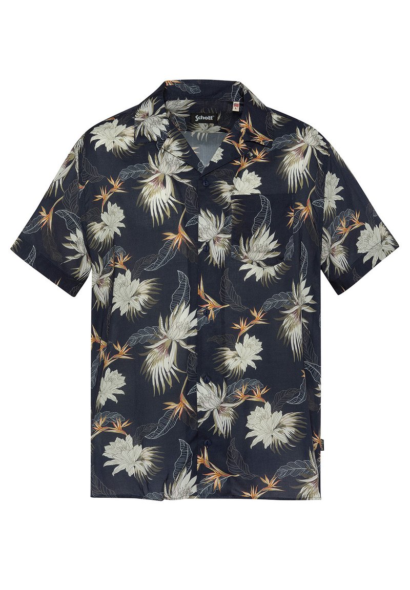 Camicia a maniche corte di colore blu scuro con un motivo floreale che presenta fiori bianchi e arancioni e foglie verdi. Realizzata in tessuto leggero.