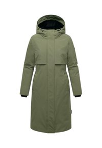 Groene, middellange jas met een capuchon, voorzien van een ritssluiting, twee zijzakken en elastische cuffs. Gemaakt van glad, weerbestendig materiaal.