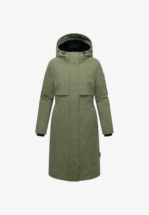 Grüner, mittel-langer Mantel mit Kapuze, ausgestattet mit einem Reißverschluss, zwei seitlichen Taschen und elastischen Bündchen. Hergestellt aus glattem, wetterfestem Material.