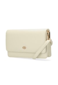 Borse a tracolla color crema realizzata in materiale sintetico, con design a pieghe, logo in tonalità oro e tracolla removibile.