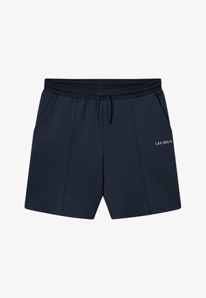 Námornícke modré šortky vyrobené z hladkej látky, s elastickým pásom, šnúrkou, bočnými vreckami a bielym logom na prednej časti.