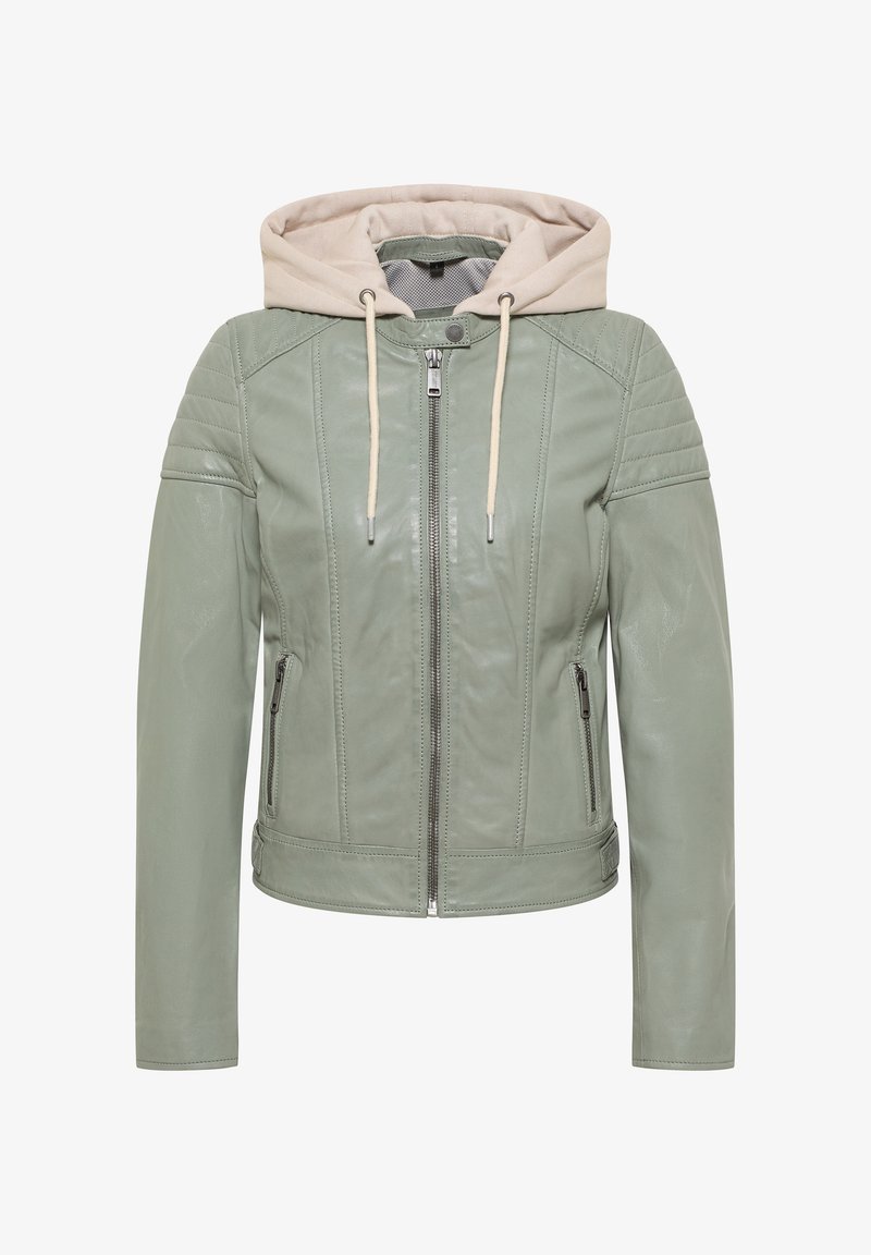 Green leather jacket with a beige hood. Features a front zip closure, side pockets, and ribbed accents on shoulders. Smooth texture.