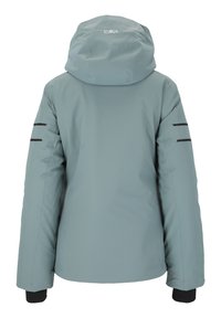 Vedenkestävä, turkoosi takki, jossa on huppu, vetoketjullinen etuosa ja mustat yksityiskohdat hihoissa. Liukas pinta ja hieman pehmustettu muotoilu.