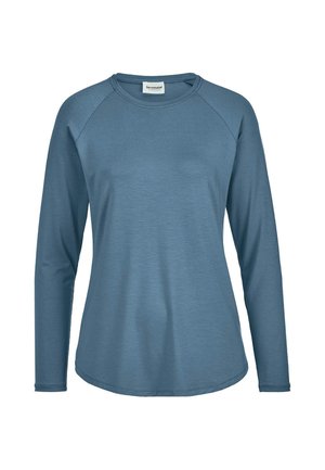 Langärmliges Shirt mit Rundhalsausschnitt in einfarbigem, gedämpftem Blau mit Raglanärmeln und einem kleinen Markenlabel auf der Innenseite des Halsausschnitts.