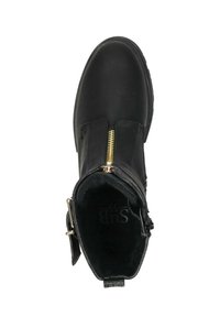 Zwarte enkelboot met een glad leren buitenkant, gouden ritsaccenten en een textuur binnenvoering. Stijlvol hardwaredetail aan de zijkant.