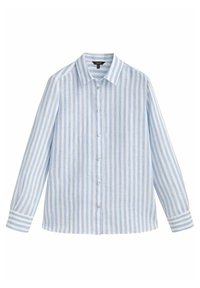 Ljusa blå och vita randiga skjorta med knappar. Gjord av lättviktsmaterial med långa ärmar, en krage och knäppningar fram.