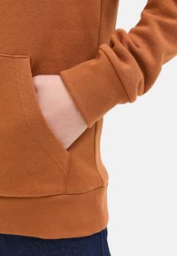 Rust-colored sweatshirt featuring a kangaroo pocket and ribbed cuffs. Soft fabric with a smooth texture, fitted around the wrist.