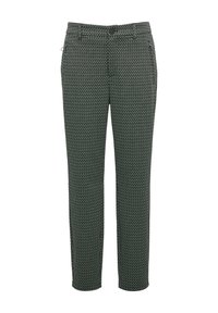 Pantalons à motif vert en tissu avec une surface texturée. Comprend une fermeture à bouton et un design de jambe droite avec des poches latérales.