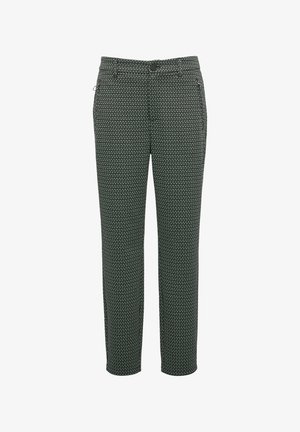 Grüne gemusterte Hose aus einem Stoff mit texturierter Oberfläche. Verfügt über einen Knopfverschluss und ein gerades Bein-Design mit seitlichen Taschen.