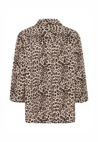 Blusa con stampa leopardata in beige e nero, con colletto, maniche a tre quarti e una vestibilità comoda. Tessuto testurizzato con una finitura liscia.
