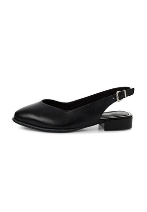 Czarne skórzane buty typu slingback z wąskim noskiem, niskim obcasem blokowym i szczegółem w postaci zapięcia na pasku z boku. Gładka faktura i minimalistyczny design.