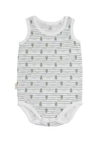 Bodysuit sin mangas de color blanco con un patrón de rayas grises y verdes que presenta pequeños personajes de dibujos animados. Material de algodón; cierre a presión en la parte inferior.