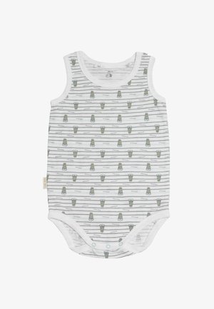Bodysuit sin mangas de color blanco con un patrón de rayas grises y verdes que presenta pequeños personajes de dibujos animados. Material de algodón; cierre a presión en la parte inferior.