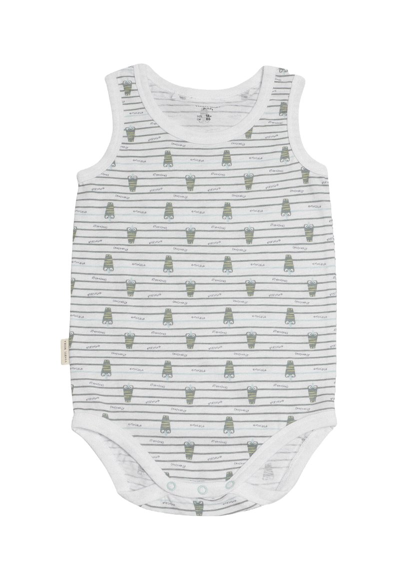 Bodysuit sin mangas de color blanco con un patrón de rayas grises y verdes que presenta pequeños personajes de dibujos animados. Material de algodón; cierre a presión en la parte inferior.