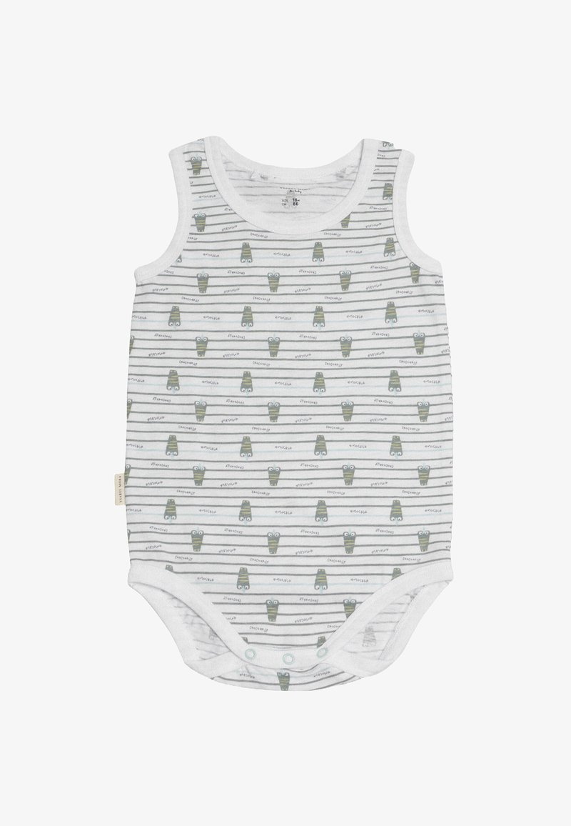 Bodysuit sin mangas de color blanco con un patrón de rayas grises y verdes que presenta pequeños personajes de dibujos animados. Material de algodón; cierre a presión en la parte inferior.