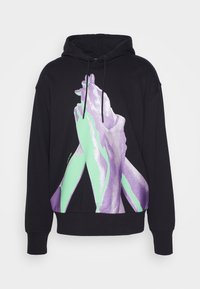 Sweat à capuche noir avec un visuel vert et violet représentant deux mains entrelacées, doté d'une capuche avec cordon de serrage et de poignets et ourlet côtelés.