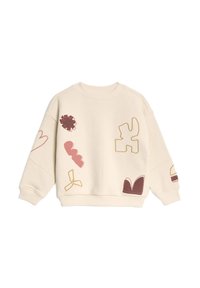 Krämfärgad sweatshirt med flerfärgade, abstrakta broderade mönster, inklusive hjärtan och former, samt ribbade muddar och nederkant.