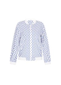 Giacca bomber bianca con motivo di cavallucci marini blu, polsini e colletto a coste, chiusura con zip e orlo elasticizzato. Realizzata in tessuto leggero.