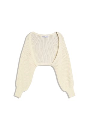 Krém színű kötött boleró hosszú, légies ujjakkal és bordázott mandzsettákkal, nyitott elülső kialakítás rétegezéshez felsőrészek fölé.