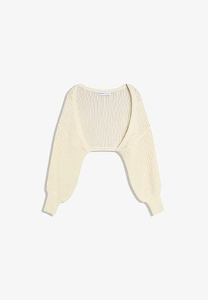 Krém színű kötött boleró hosszú, légies ujjakkal és bordázott mandzsettákkal, nyitott elülső kialakítás rétegezéshez felsőrészek fölé.