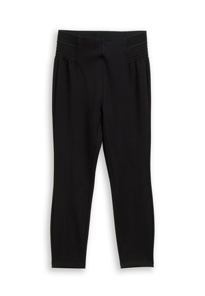 Black trousers with a wide textured waistband, tapered legs, and pleated detailing running vertically along the sides. Smooth fabric finish.
