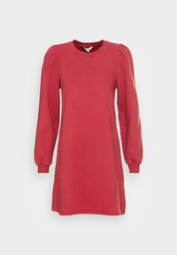 Rotes, langärmliges Kleid mit runder Ausschnitt und Puffärmeln. Hergestellt aus weichem Stoff in einfarbigem Design und mit einer lockeren Silhouette.