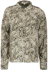 Košile s dlouhým rukávem a knoflíky vyrobená z lehké, vzorované látky s odstíny zelené, béžové a růžové, s volánkovým límcem a texturovanými detaily.