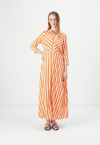 Maxime dress with orange and white vertical stripes, button-down front, long sleeves, and a fitted bodice transitioning to a flowing skirt.