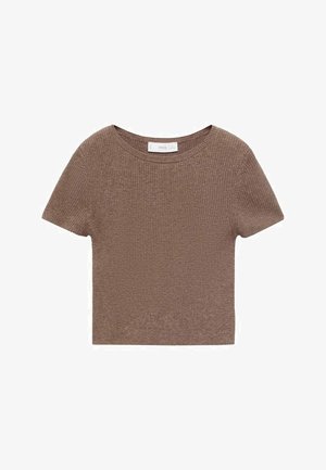 Bruine korte mouwen top met een ribbeltextuur, ronde halslijn en een cropped ontwerp. Etiket zichtbaar met merknaam "MNG."