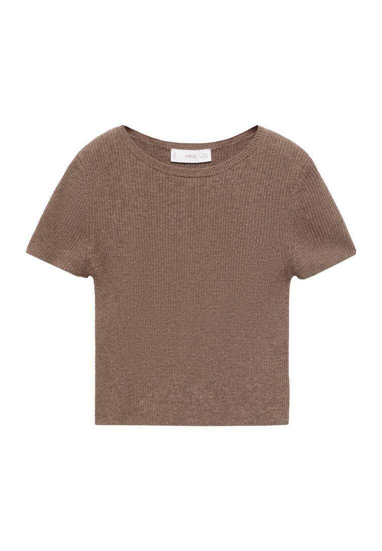 Top scurt, de culoare maronie, cu maneci scurte, textură canelată, guler rotund și un design scurt. Eticheta este vizibilă, cu numele brandului „MNG.”