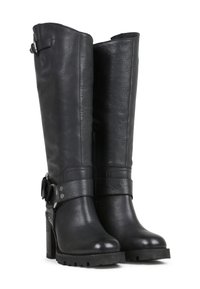Black leather knee-high boots with a textured finish, featuring a wide strap and buckle accent, high block heel, and rugged sole.