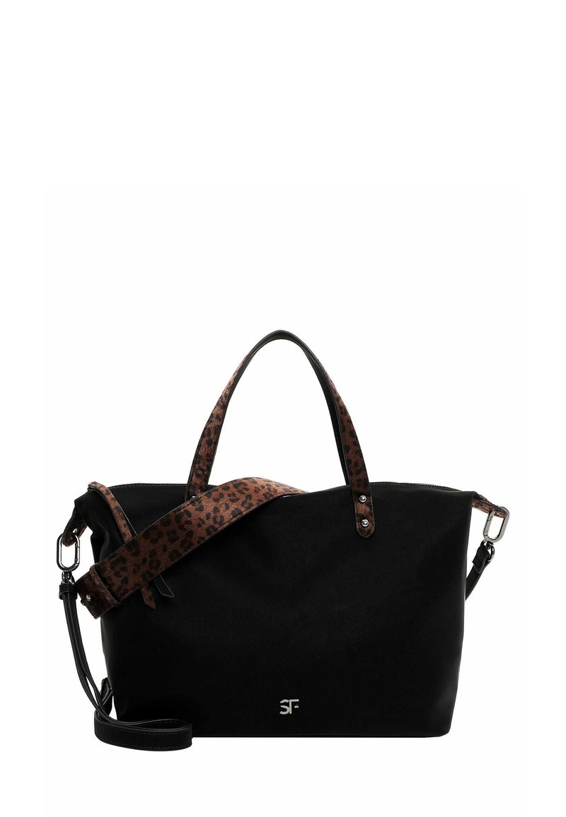Borsa tote nera con manici a stampa leopardata e tracolla staccabile, logo SF argentato al centro anteriore.