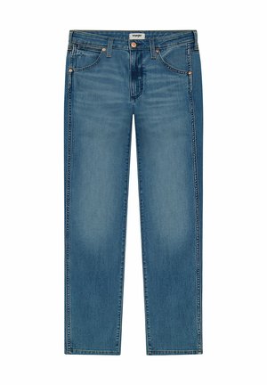 Denim-Jeans in mittlerem Blau, gerade Beinform, Fünf-Taschen-Stil, Metallbeschläge, Kontrastnähte und dezente Ausbleichungen im Stoff.