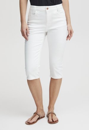 Hvide capri-bukser lavet af stræk denim, med høj midde på livet, fem lommer og en enkelt knaplukning. Glat tekstur med en let glans.