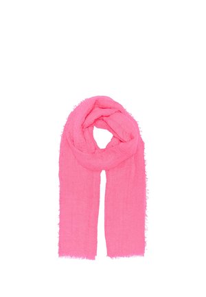 Pink lightweight textured scarf with frayed edges, loosely looped in a circular fold on a white background.